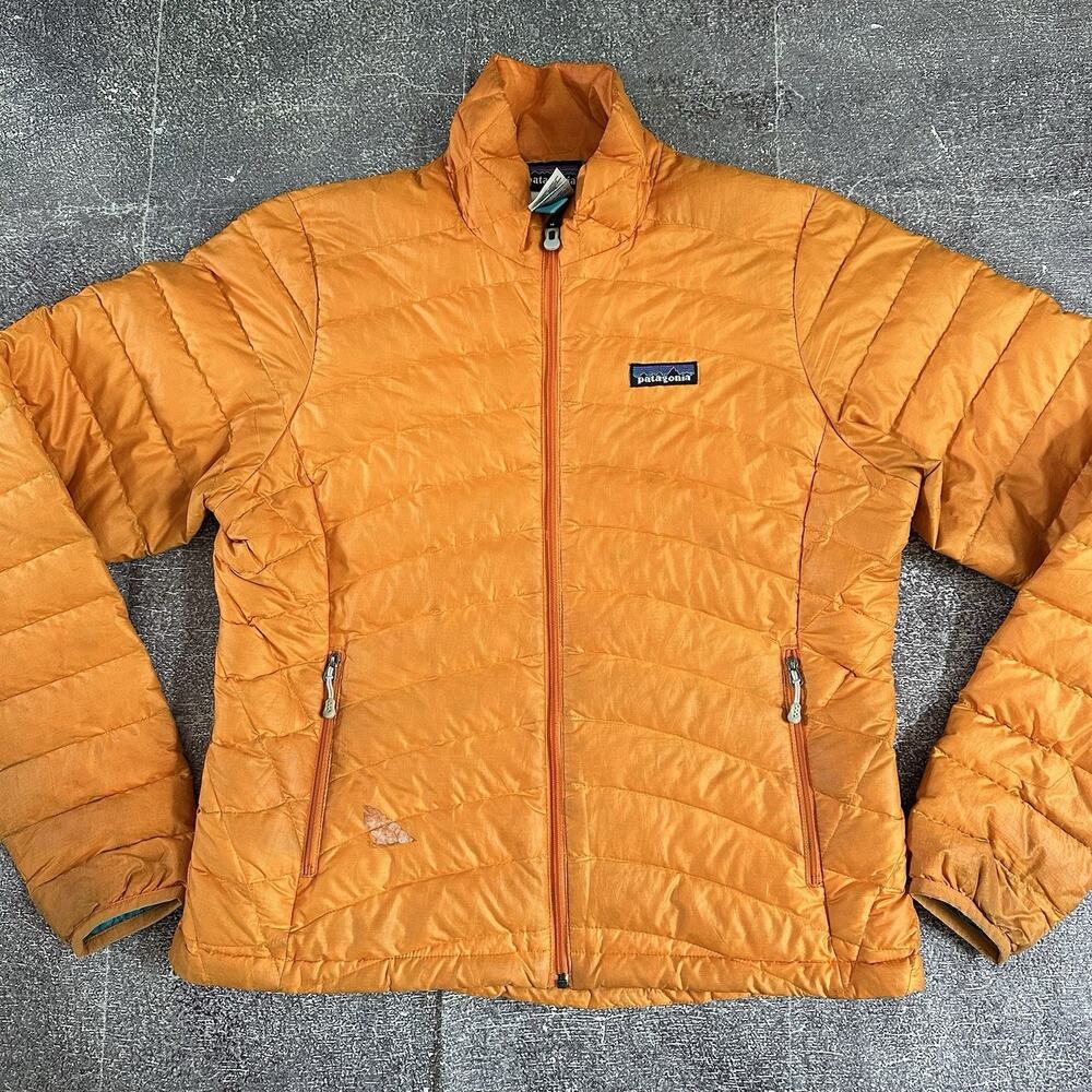 Women's Patagonia Cone Orange Blue Down Puffer Zip Up Sweater Coat Jacket Sz S